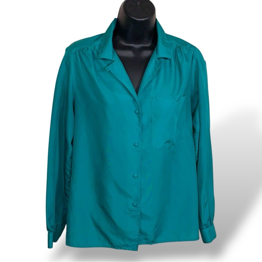 Vintage Petite 4 Studio Collections Satin Look Button Up Blouse Long Sleeve Teal